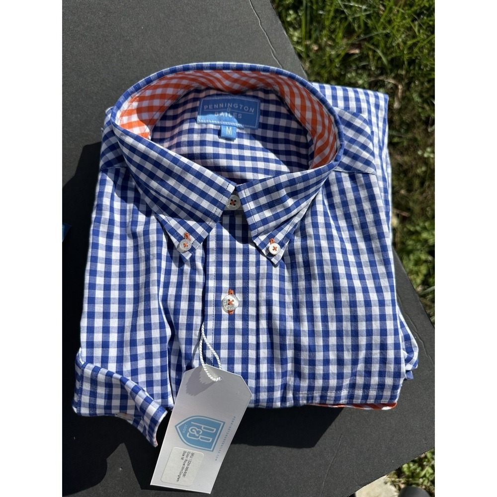 Pennington‎ Bailes Men's Royal Blue Gingham Button Down Shirt Orange Trim Size M